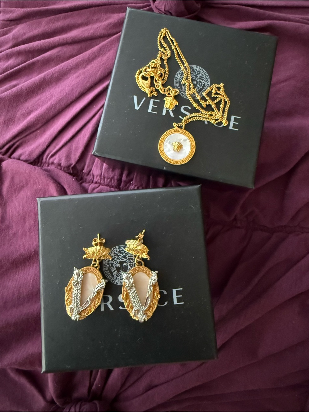 Versace Mother of Pearl Baroque Filigree Medusa Pendant Necklace and Earrings